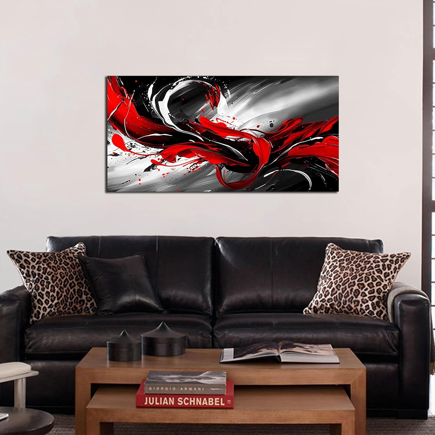 WFSposterBlack White and Red Abstract Print Picture Painting Large Canvas Wall Art for Living Room Bedroom Framed Canvas Wall Decor Modern Room Abstract Wall Decorations Artwork SizeReady to Hang