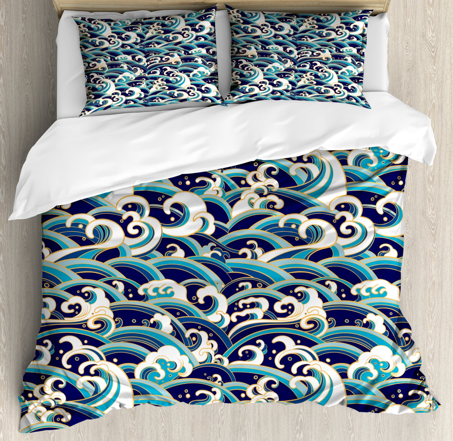 Nautical Queen Size Duvet Cover Set, Traditional Oriental Style Ocean
