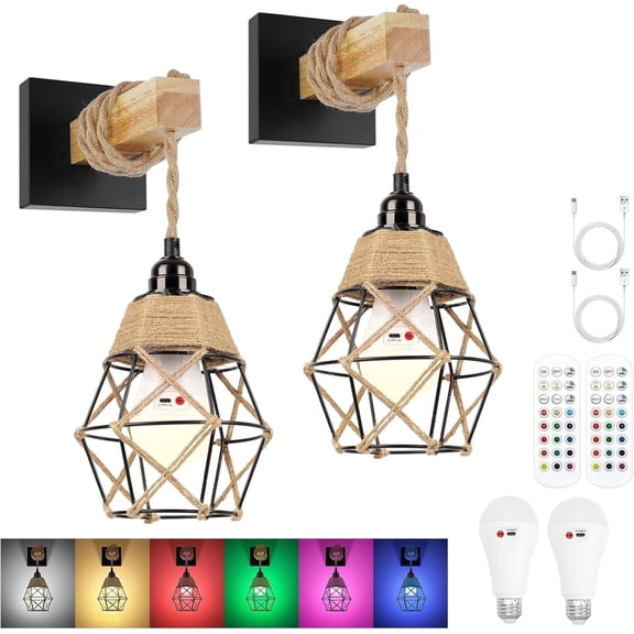 FRIDEKO HOME Battery Operated Wall Sconces Set of 2，Farmhouse Metal Cage Wireless Wall Sconces with Remote，15 Colors RGB Dimmable Rechargeable Wall lamp with 3 Timer for Bedroom Living Room