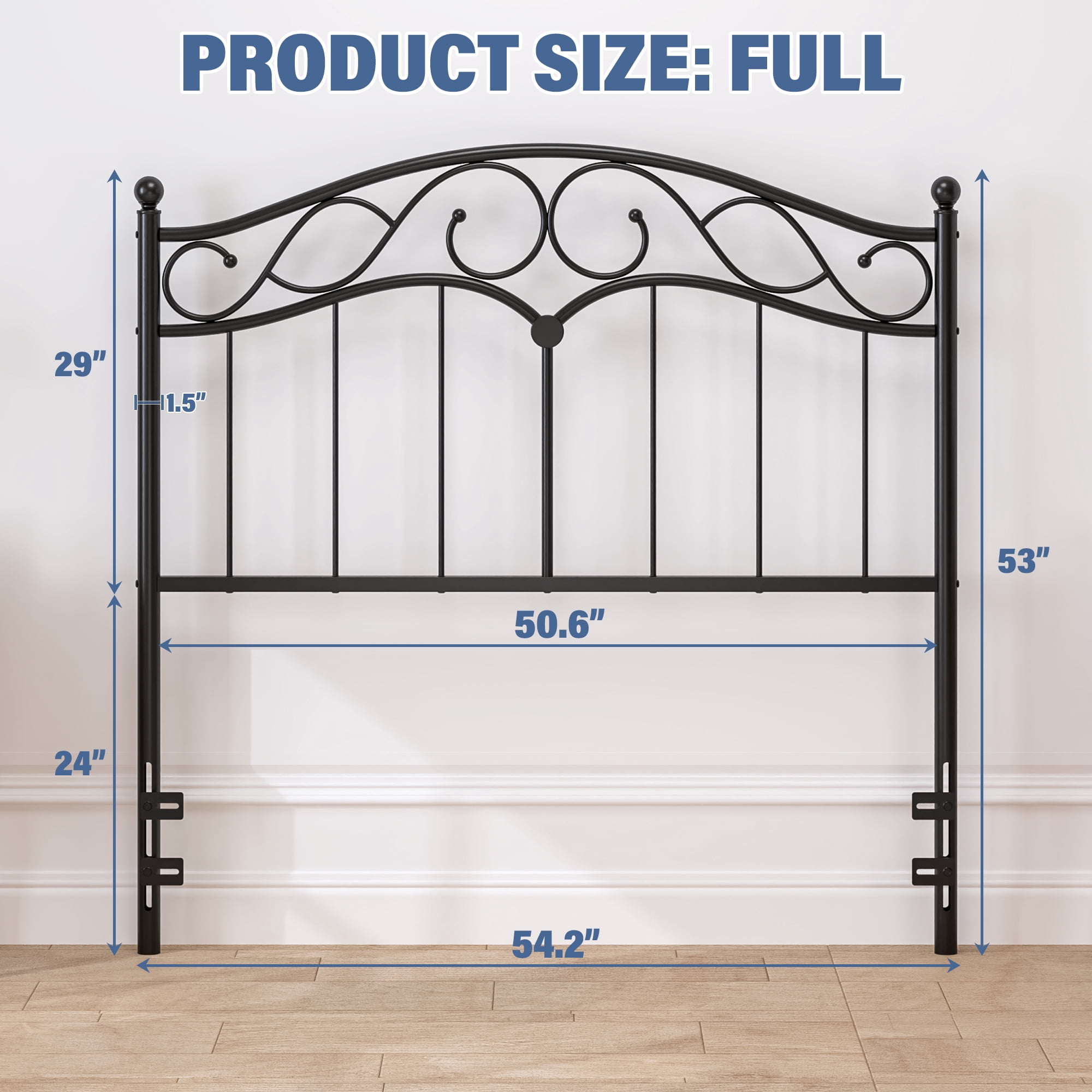 Yoneston Retro Sturdy Cute Scrolled Metal Full Size Headboard with Adjustable Height for Full Beds, Black