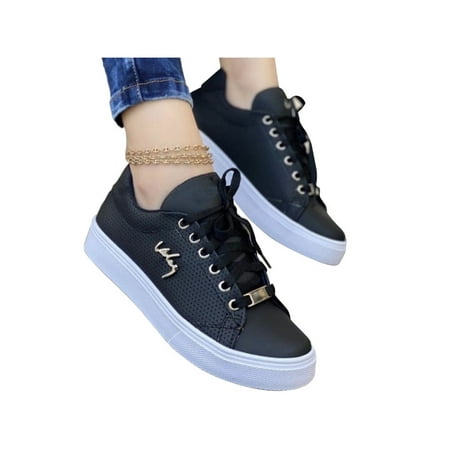 

Woobling Women Skate Shoes Lace Up Flats Casual Sneakers Ladies Walking Shoe Lightweight Non-Slip Low Top Black 5.5