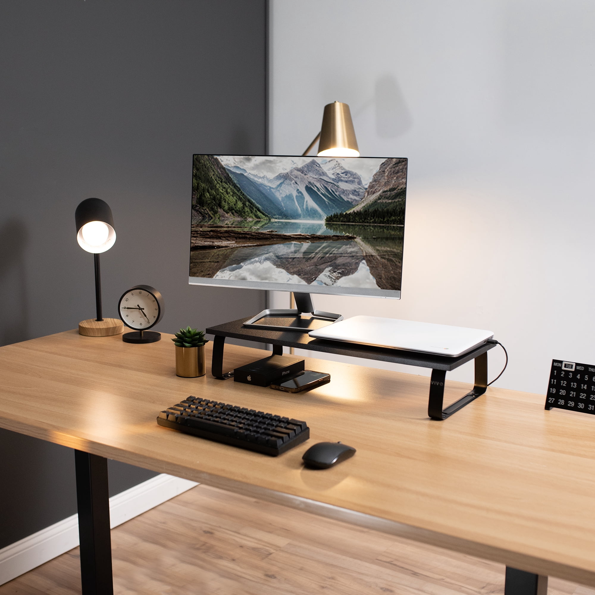 VIVO Black Wood 24" Wide Desktop Stand Ergonomic TV Monitor Riser Desk Organizer
