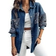 thumbnail image 1 of Chaqueta vaquera informal for mujer con lentejuelas en contraste, manga larga y diamantes de imitación., 1 of 7