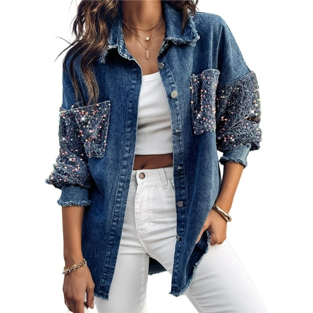 Chaqueta vaquera informal for mujer con lentejuelas en contraste, manga larga y diamantes de imitación.
