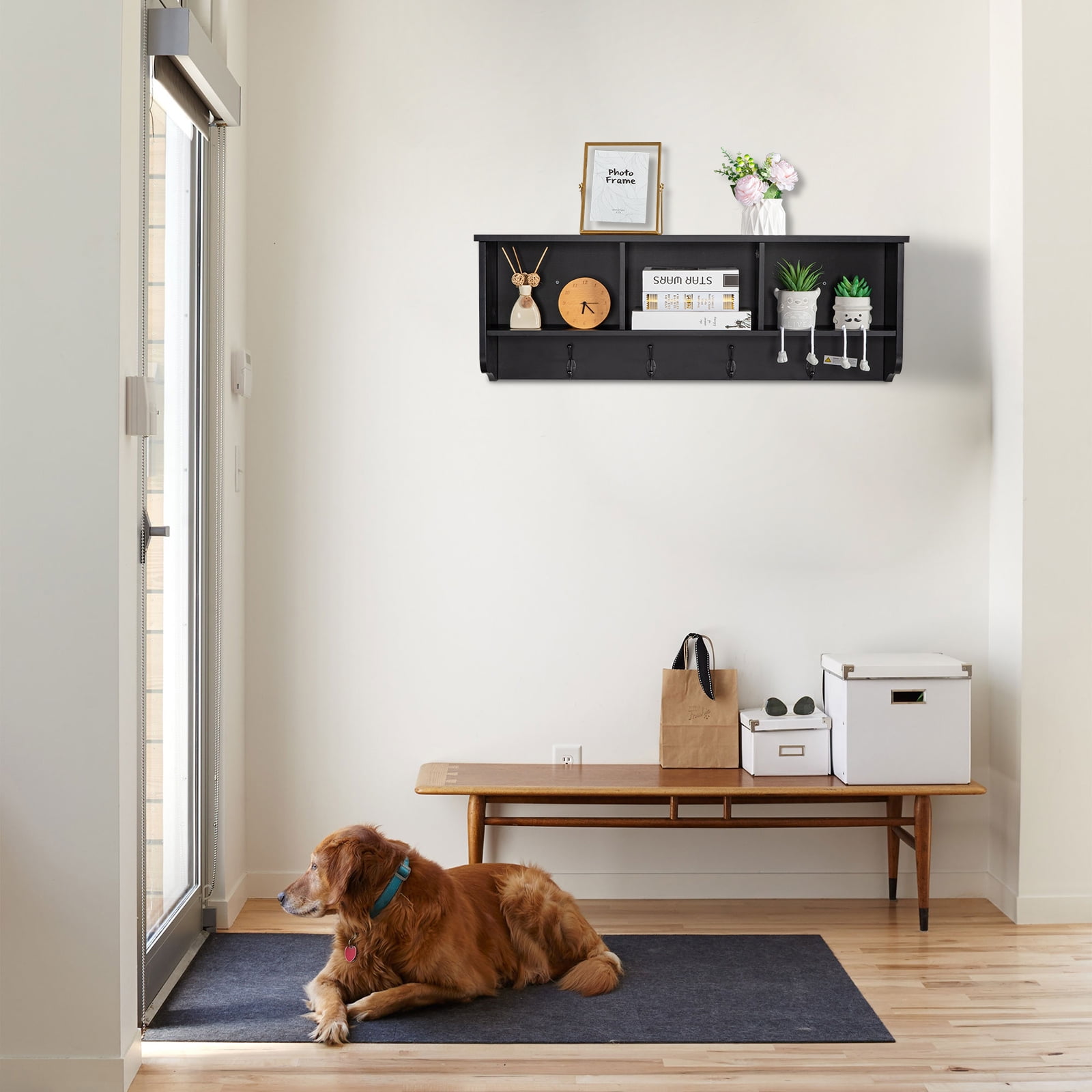 Kepooman Decorative Coat Rack for Wall Mount - Stylish Rustic Shelf with 3 Cubby and 4 Hook - Perfect Key Holder and Towel Rack to Simplify Your Home, Black Kepooman Decorative Coat Rack for Wall Mount - Stylish Rustic Shelf with 3 Cubby and 4 Hook - Perfect Key Holder and Towel Rack to Simplify Your Home, Black