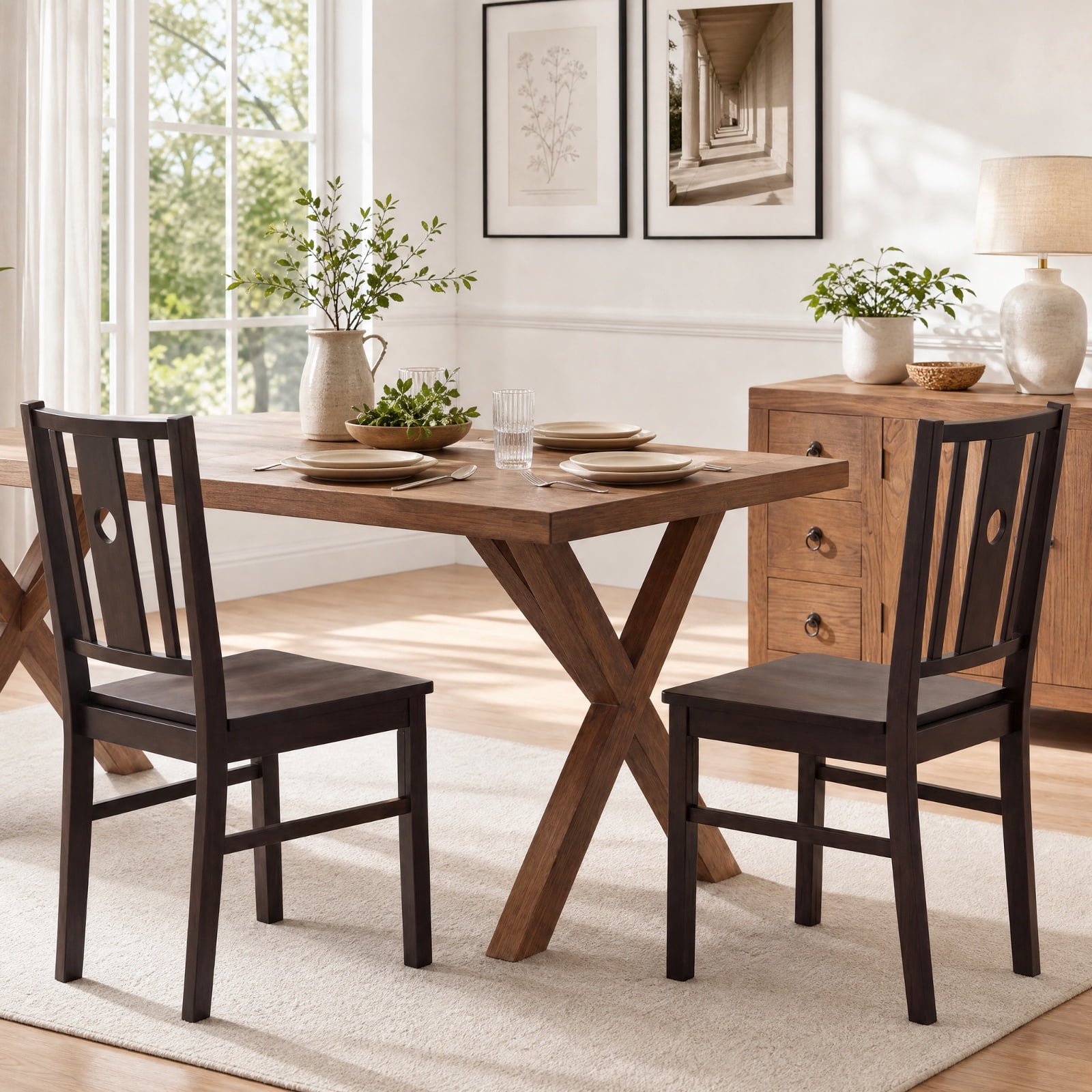Furnibear Set of 2 Solid Rubber Wood Kitchen Chairs with Slatted Curved Backrest and Wide Seat for Dining Room and Kitchen, Coffee
