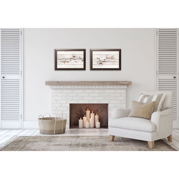 Gango Home Decor Country-Rustic Cotton Stems - Inspire & Cotton Stems - Breathe; Two 18x12in Art Prints in Brown Frames