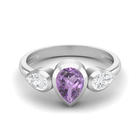 1.25 Cts Bezel set Pear Amethyst 925 Sterling Silver Three Stone Women Valentines Day Gifts Ring