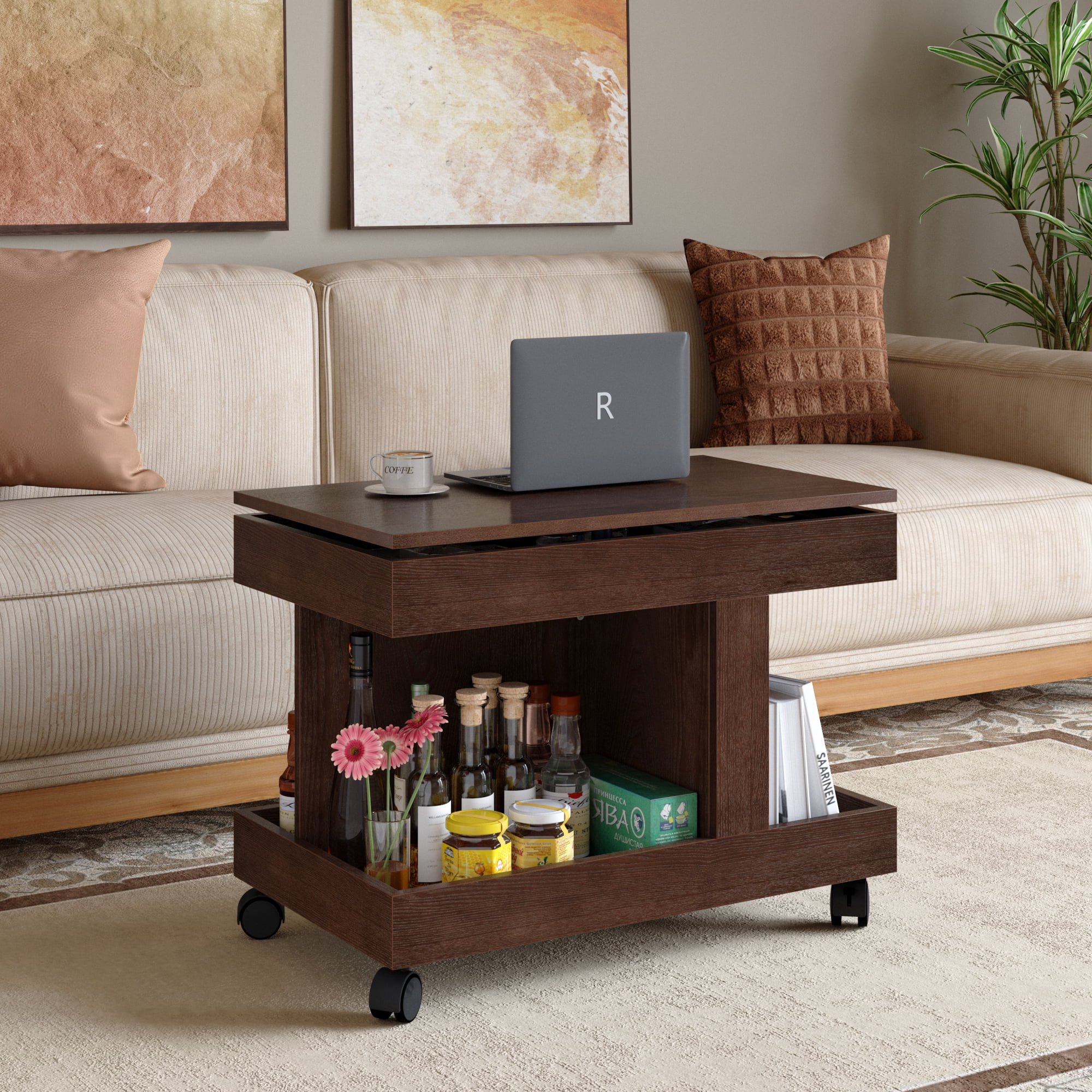 Small Coffee Table with Wheels, 360° Rotating Desktop Multi-Functional Side Table, Rolling End Table with Storage Compartment, Mobile Bedside Table for Living Room Bedroom Home Furniture, Walnut