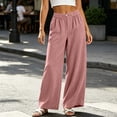thumbnail image 2 of Olyvenn Women's Elastic High Waist Textured Wide Leg Pants, Button Front Loose Summer Casual Palazzo Trousers Pink L, 2 of 6