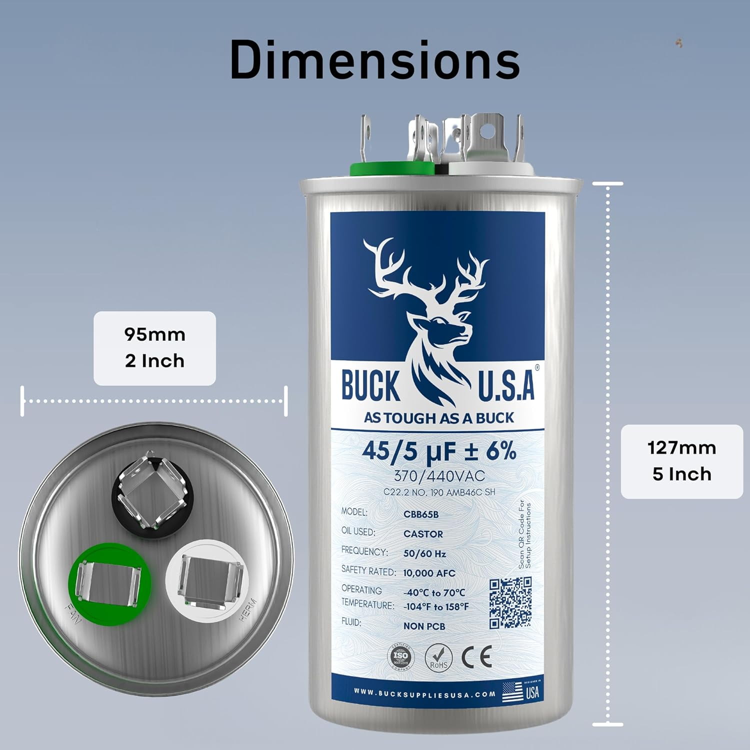Buck 45+5uF 45/5 MFD ±6% CBB65B Dual Run Round Start Capacitor - Ideal for HVAC Systems, Air Conditioner Unit Fan Motor Start, Heat Pump, & Condenser Straight Cool Applications 370/440VAC 50/60Hz