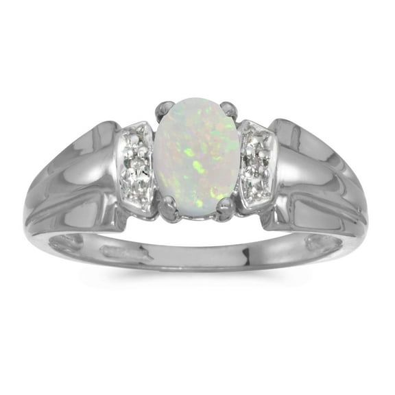 14k White Gold Oval Opal And Diamond Ring