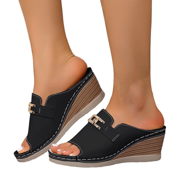 Rokment Orthopedic Wedges Slip on Dressy Sandals for Women Ladies 2026 Summer Trendy Casual Leather Arch Support Platform Heeled Dress Slides Business Office Work Black Size 6