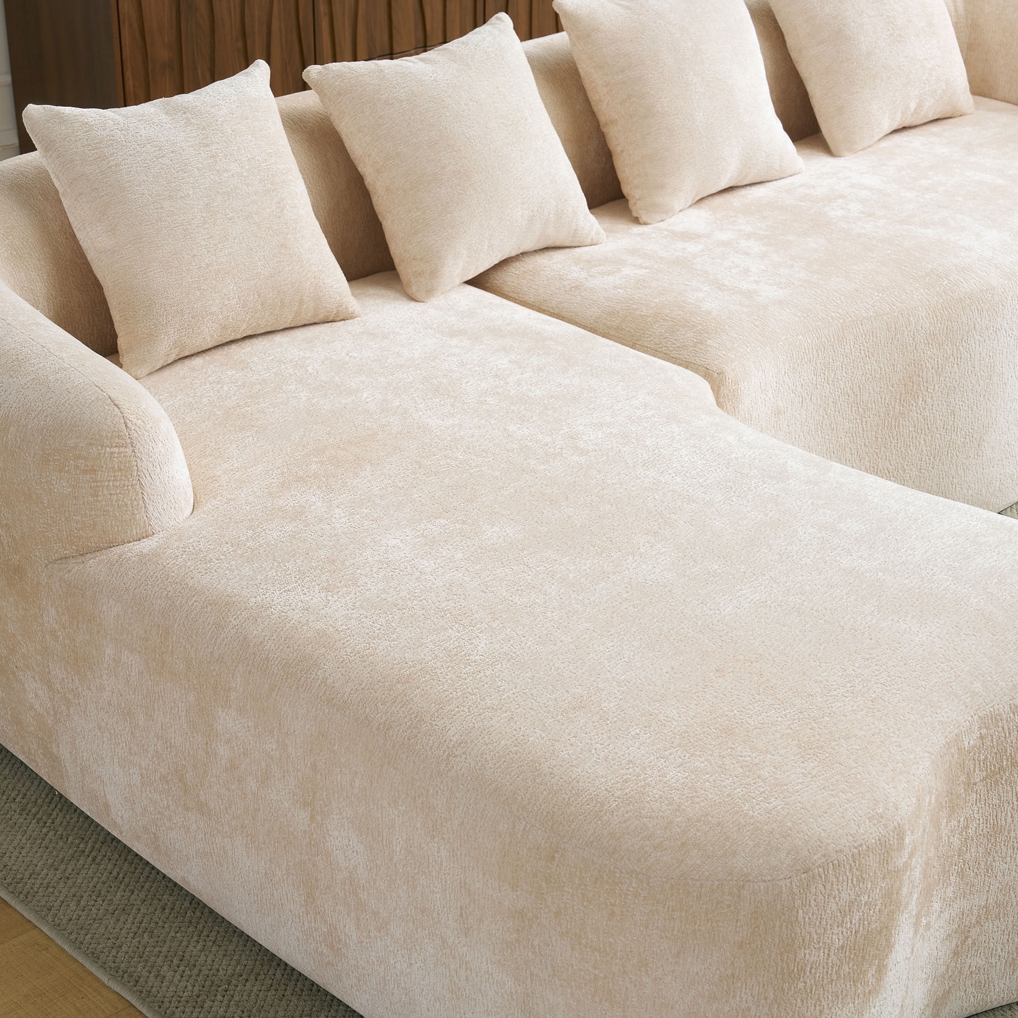 MAYEERTY L-Shaped Sectional Sofa with Curved Chaise Lounge, Chenille Modular Couch with 4 Throw Pillows, No-Assembly for Apartment Living Room Small Spaces