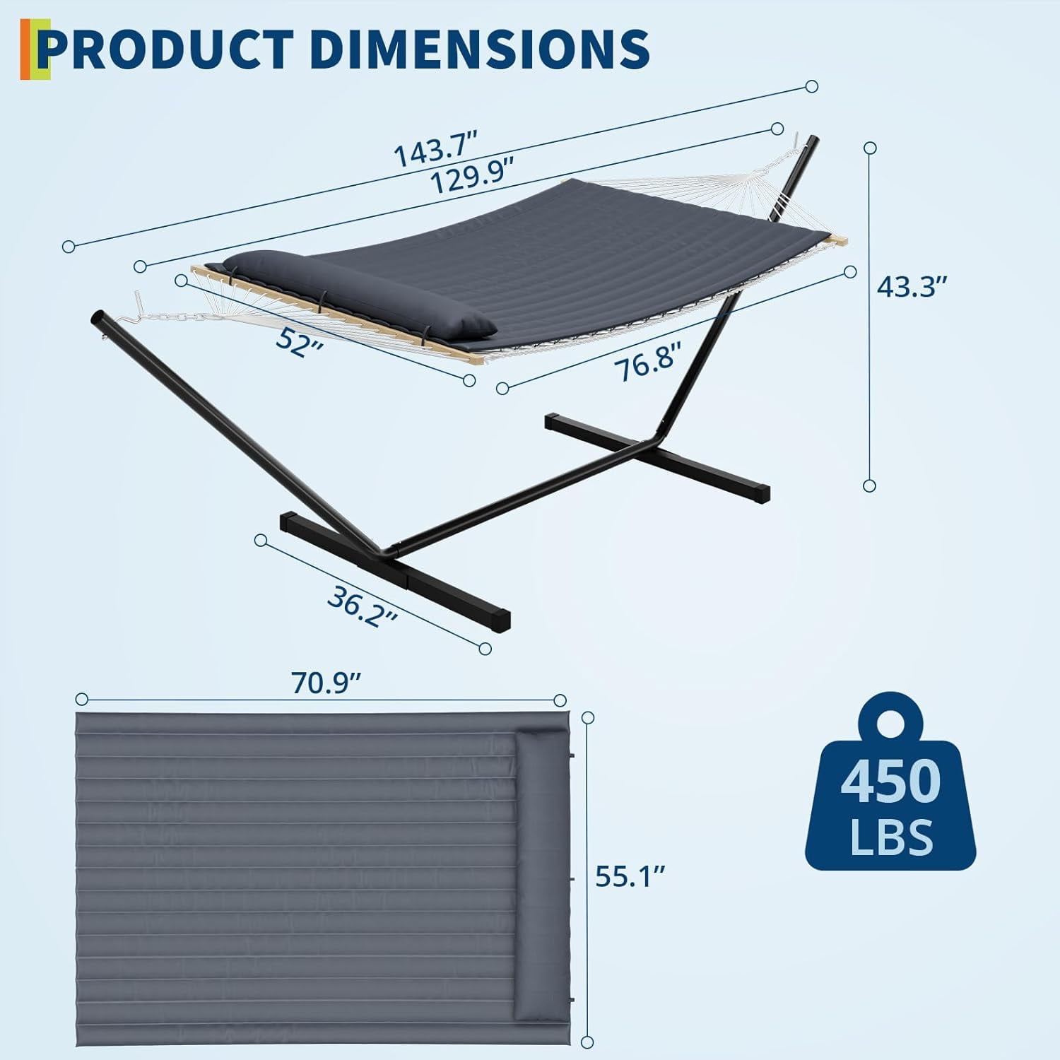 Double Hammock with Space Saving Steel Stand Included - 2 Person Standing Hammock, Handmade Cotton Rope, PP Cotton Pad and Pillow, Outdoor Portable for Backyard and Garden, Off White