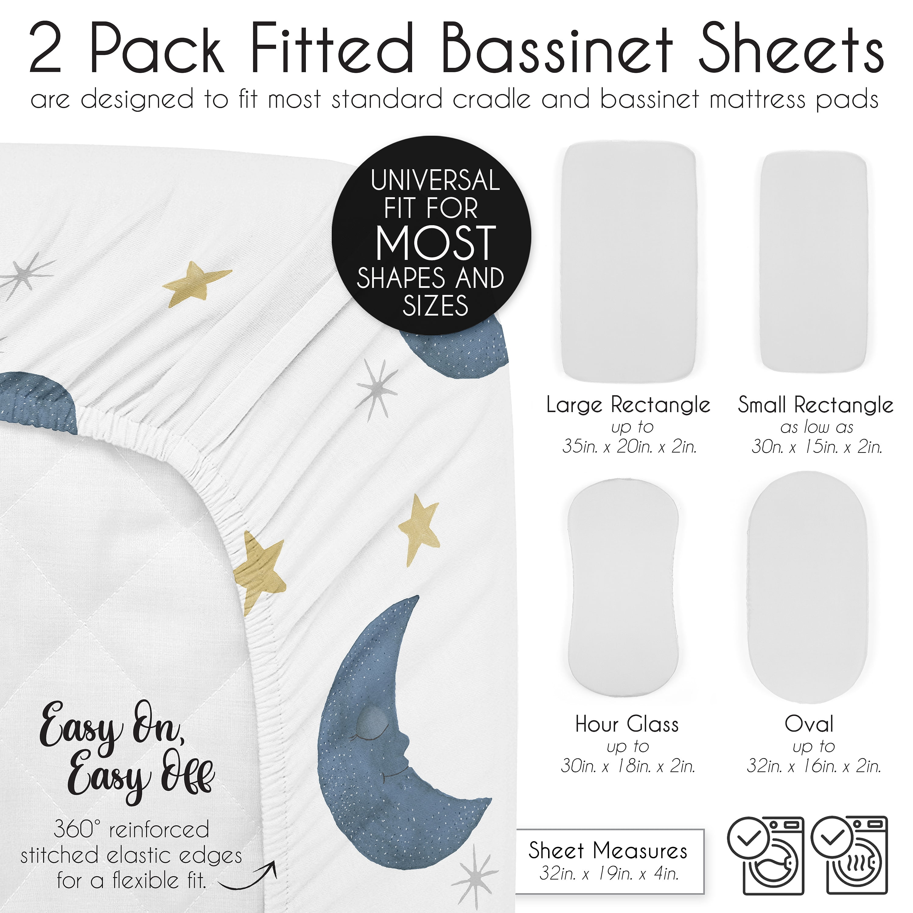 Sweet Jojo Designs Moon Bear Boy, Girl, Unisex/Gender Neutral Baby Bassinet Fitted Sheets Set 2 Piece