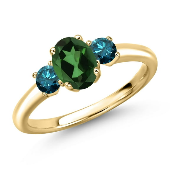 Gem Stone King 10K Yellow Gold Emerald Envy Mystic Topaz and Blue Diamond Engagement Ring for Women | 1.10 Cttw | Oval 7X5MM | Gemstone November Birthstone | Size 5