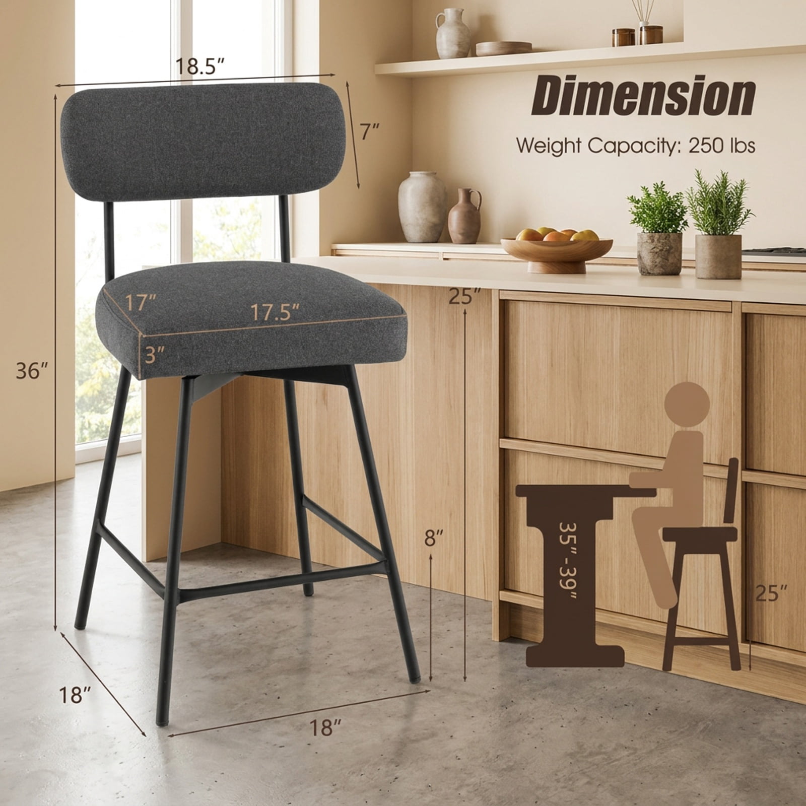 Furnibear Set of 2 Modern Upholstered Bar Stools 25 Inch with Back and Footrests in Gray