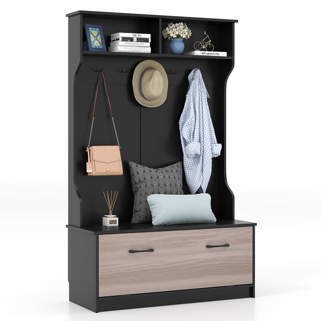 Costway 63 Inches Hall Tree with Coat Rack and Storage Bench in black, designed for entryway furniture. Features 5 double hooks, 2 open shelves, and an enclosed cabinet with 2 compartments for storage. Includes a sturdy sitting bench for changing shoes, supporting up to 200 lbs. Made of durable engineered wood with anti-toppling design and non-slip foot pads for stability. Suitable for entryways, hallways, or bedrooms.