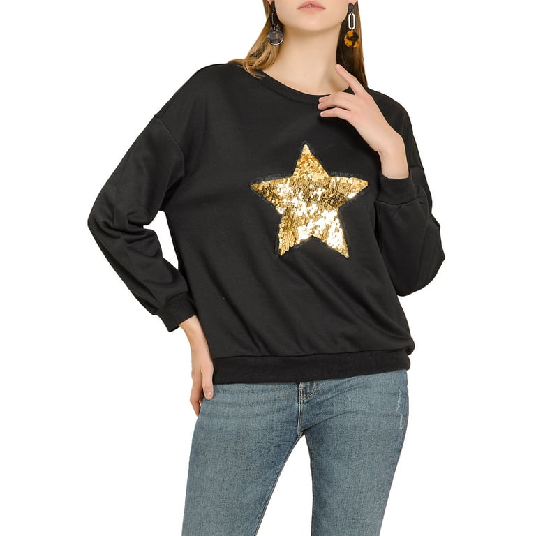 Unique Bargains Women s Sequin Shiny Star Crew Neck Long Sleeve