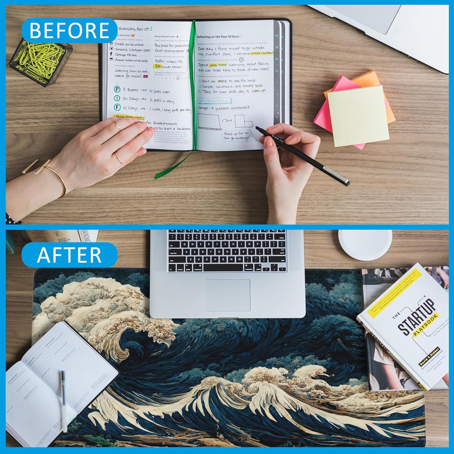 Japanese Ocean Waves Large Gaming Mouse Pad,Waterproof Desk Mat for Desktop,Non-Slip Rubber Base Mousepad with Stitched Edges for Laptop Office and Home 35.4X15.7 Inch