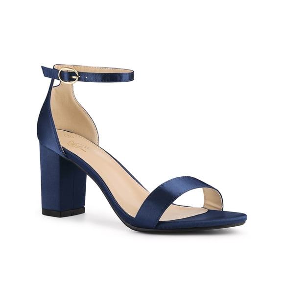 BLISSFUL STEP Women's Shoes Satin Chunky High Heel Ankle Strap Open Toe Sandals Navy Blue 9.5