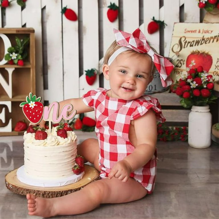 1 X Strawberry Cake Topper Happy Birthday Red Glitter Flower Fruit Strawberry Cake Decoration For Strawberry Theme Baby Shower Birthday Party Cake Decorations