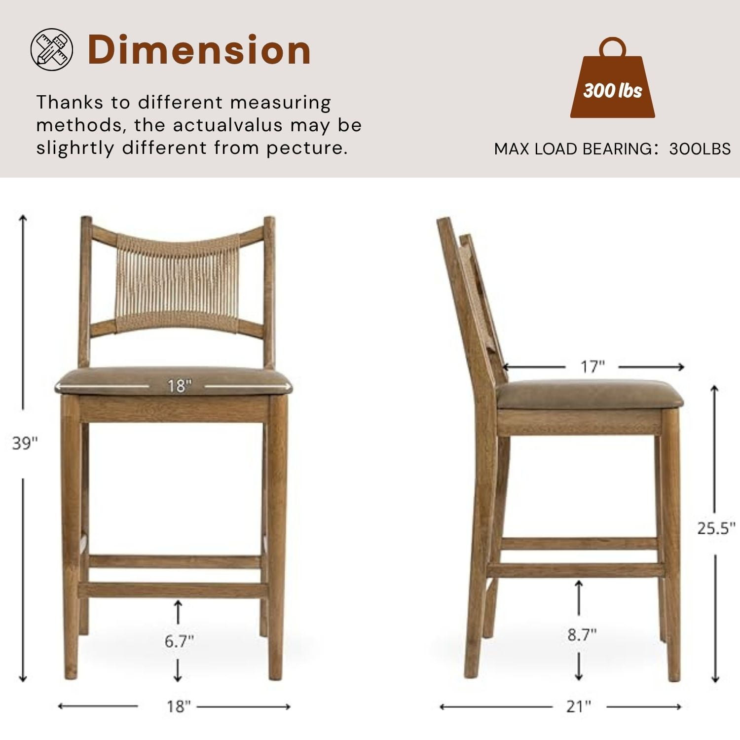 Dayalane Farmhouse Bar Stools Set of 6, 25.5" Counter Height Bar Stools with Paper Cord Woven Back Solid Wood Frame, PU Leather Upholstered Kitchen Island Chairs for Dining Room Home Bar, Brown