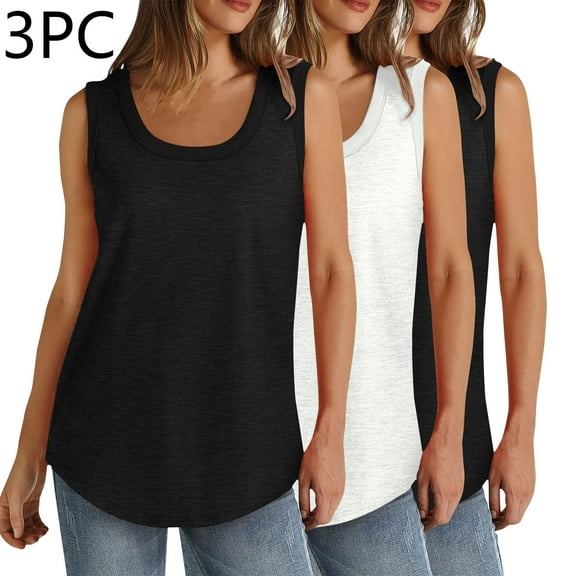 QUINDOS Summer Womens Tank Tops Plus Size 3 Pack Casual Womens Camisoles Square Neck MultiPack Sleeveless Strap Shirts Tops Loose Fit Long Solid Color Undershirts