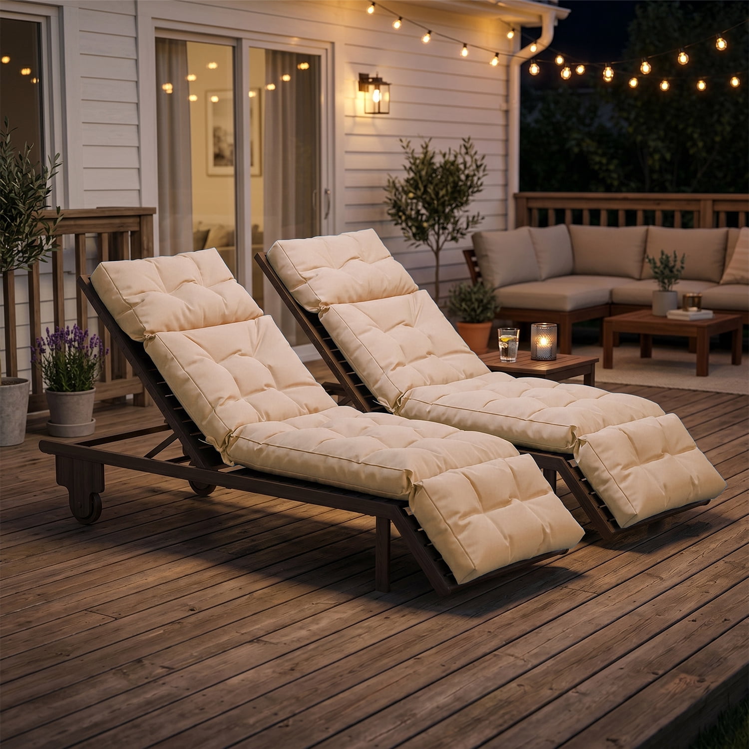 BaPiPro Set of 2 Upgraded 4-Segment Chaise Lounge Cushions, All-Weather Tie Fastened Pads with Plush PP Cotton, for Patio, Poolside & Balcony, Beige