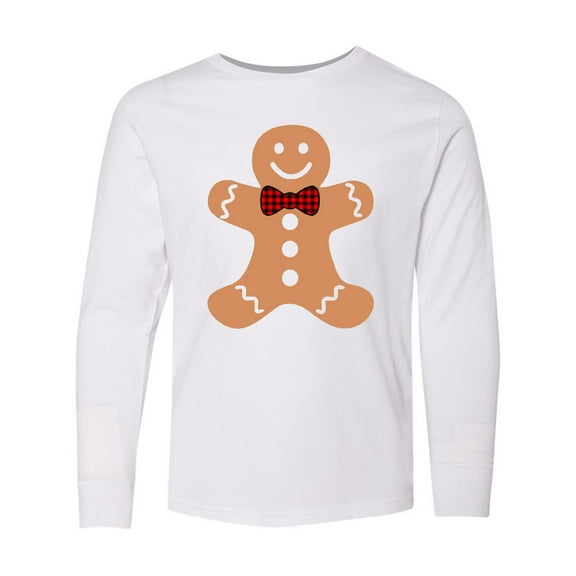Inktastic Cute Gingerbread Man with Red Plaid Bowtie Long Sleeve Youth T-Shirt