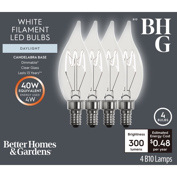 Better Homes & Gardens 4-Pack 4W 40W Equivalent Daylight Dimmable CA10 White Filament LED Light Bulbs, E12 Base