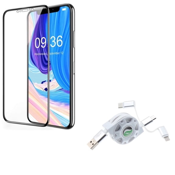 iPhone XS/X - Ceramics Screen Protector w Retractable USB Cable - Matte 3D Curved Edge Full Cover Anti Glare Anti Fingerprint 9H Hardness, Charger Power Cord 3-in-1 Wire Sync