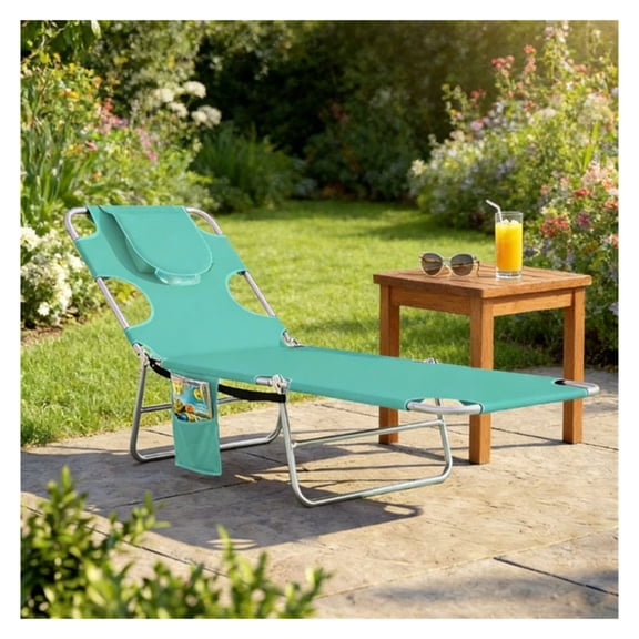 Sunbathing Chair Outdoor Lounge Adjustable Armchair Light Green Folding Sun Chair with Face Cavity & Side Pocket