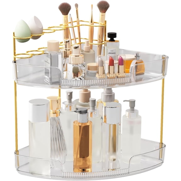 2-Tier Makeup Organizer for & Bathroom Countertop - Storage Shelf with Perfume Tray & Makeup Brush Holder, Tool-Free Installation, Design for Bathroom & Dresser - Clear