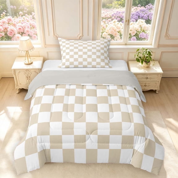 Manfei Minimalism Check Twin Comforter Sets,Modern Stripes Bedding Set,Beige White,Light Gray Reversible,2pcs,1 Comforter and 1 Pillowcase,2pcs,1 Comforter and 1 Pillowcase