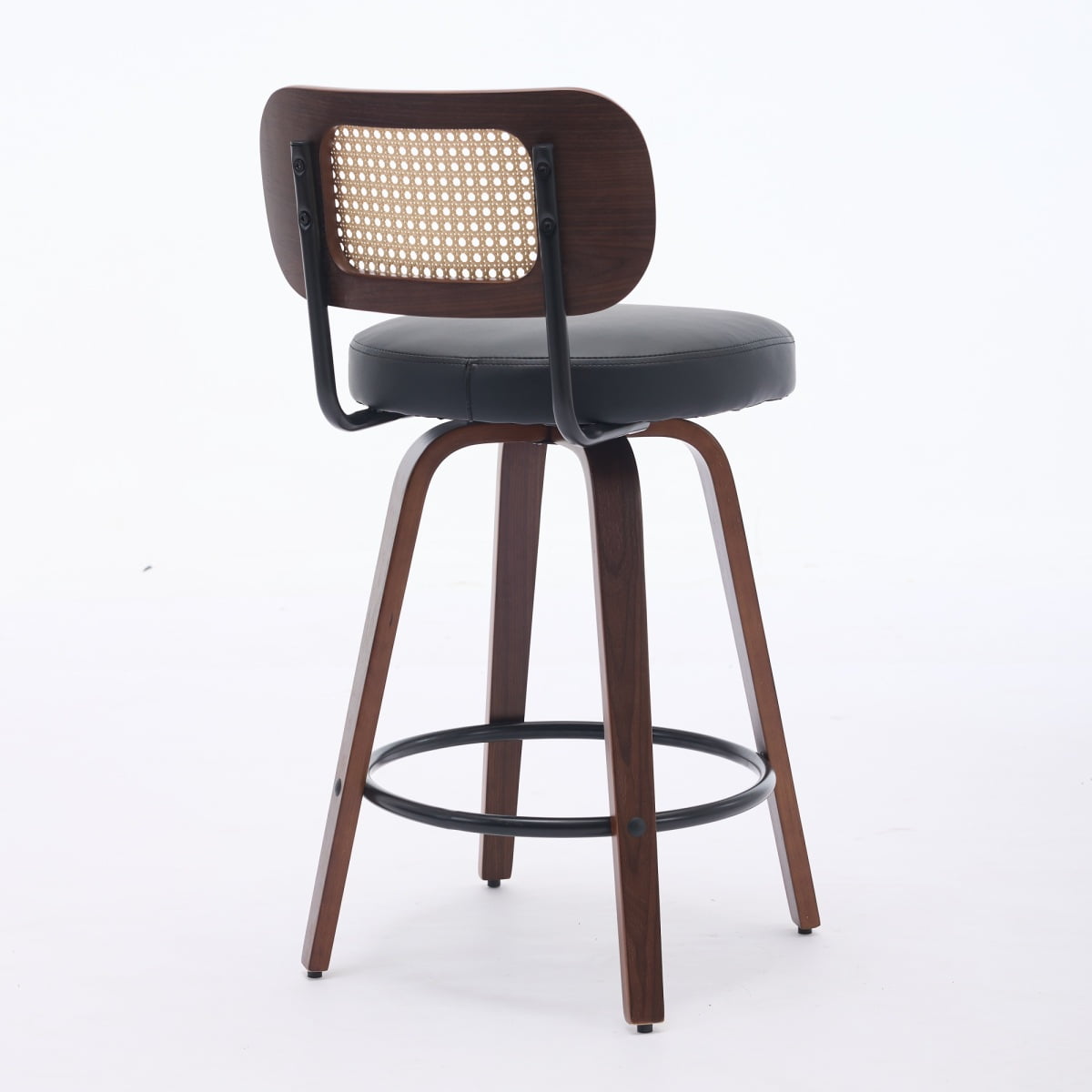 26 Inch Counter Height Swivel Bar Stools, Set of 3 Upholstered Faux Leather Bar Chairs with Walnut Back, Bentwood Legs, Mid Century Modern Island Stools for Kitchen Counter