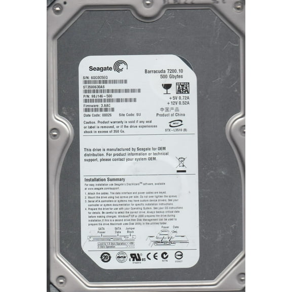 ST3500630AS, 6QG, SU, PN 9BJ146-500, FW 3.AAC, Seagate 500GB SATA 3.5 Hard Drive