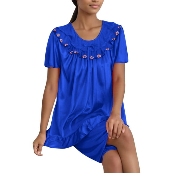 SZJXBUY Women's Satin Nightgowns Soft Silk Crewneck Sleepwear Nightdresses Short Sleeve Lace Wedding Bride Loose Nightshirts Blue,Free Size
