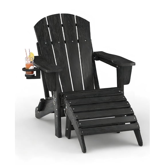 Folding Adirondack Chair Set of 2 with Ottoman, All-Weather HDPE Outdoor Chair, Wooden Textured with Cup Holder for patios, Decks, Gardens, fire pits, Black
