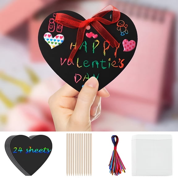 BESTSKY Valentine's Day Decoration Paper Crafts Kit Pack of Scratch Hearts with Colors - for Kids with 24 Heart Cards,24 Scratch Sticks,24 Ribbons