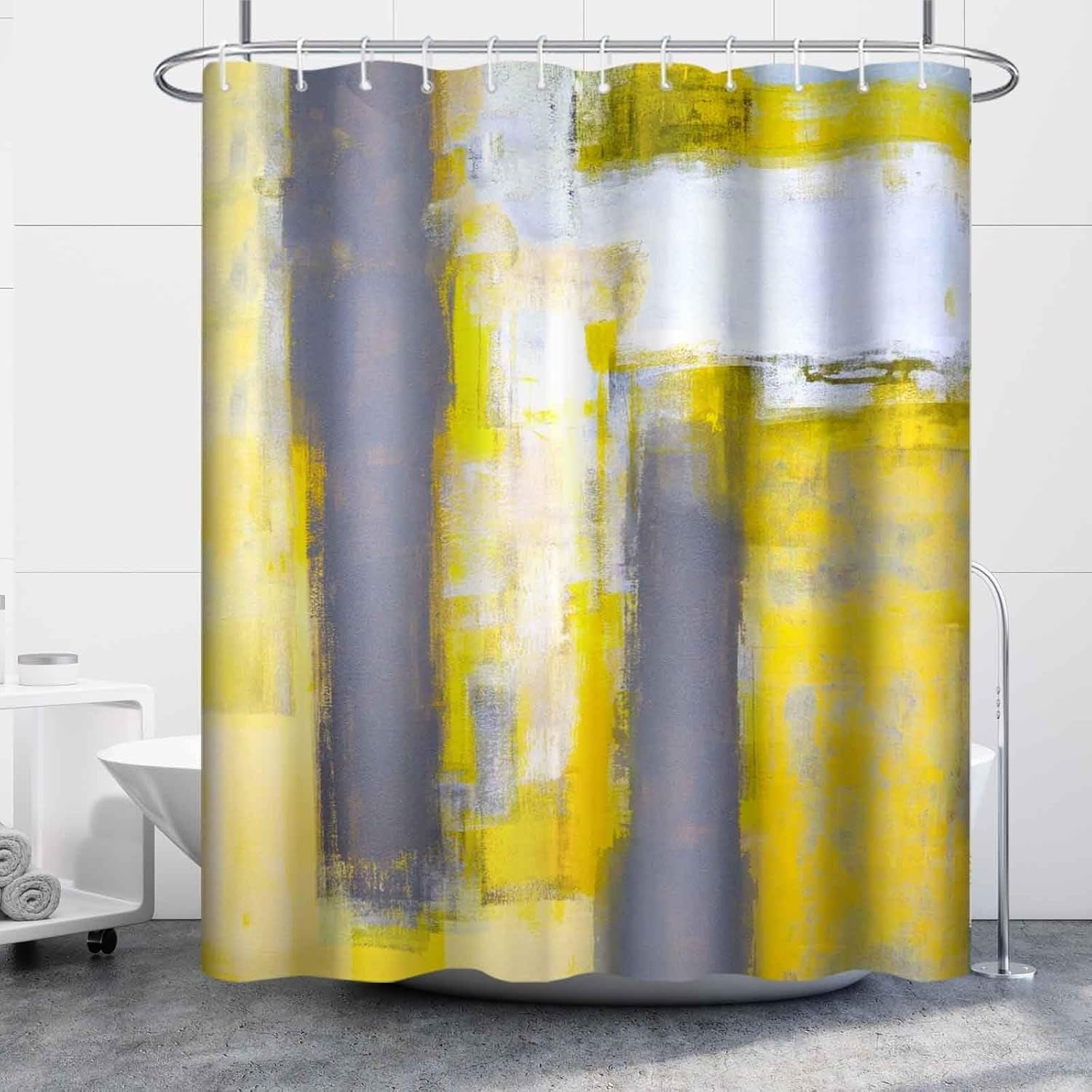 Yellow Shower Curtain for Bathroom Abstract Yellow Gray Watercolor Shower Curtain Set with Hooks Contemporary Oil Panting Fabric Waterproof Shower Curtains 72x72inches