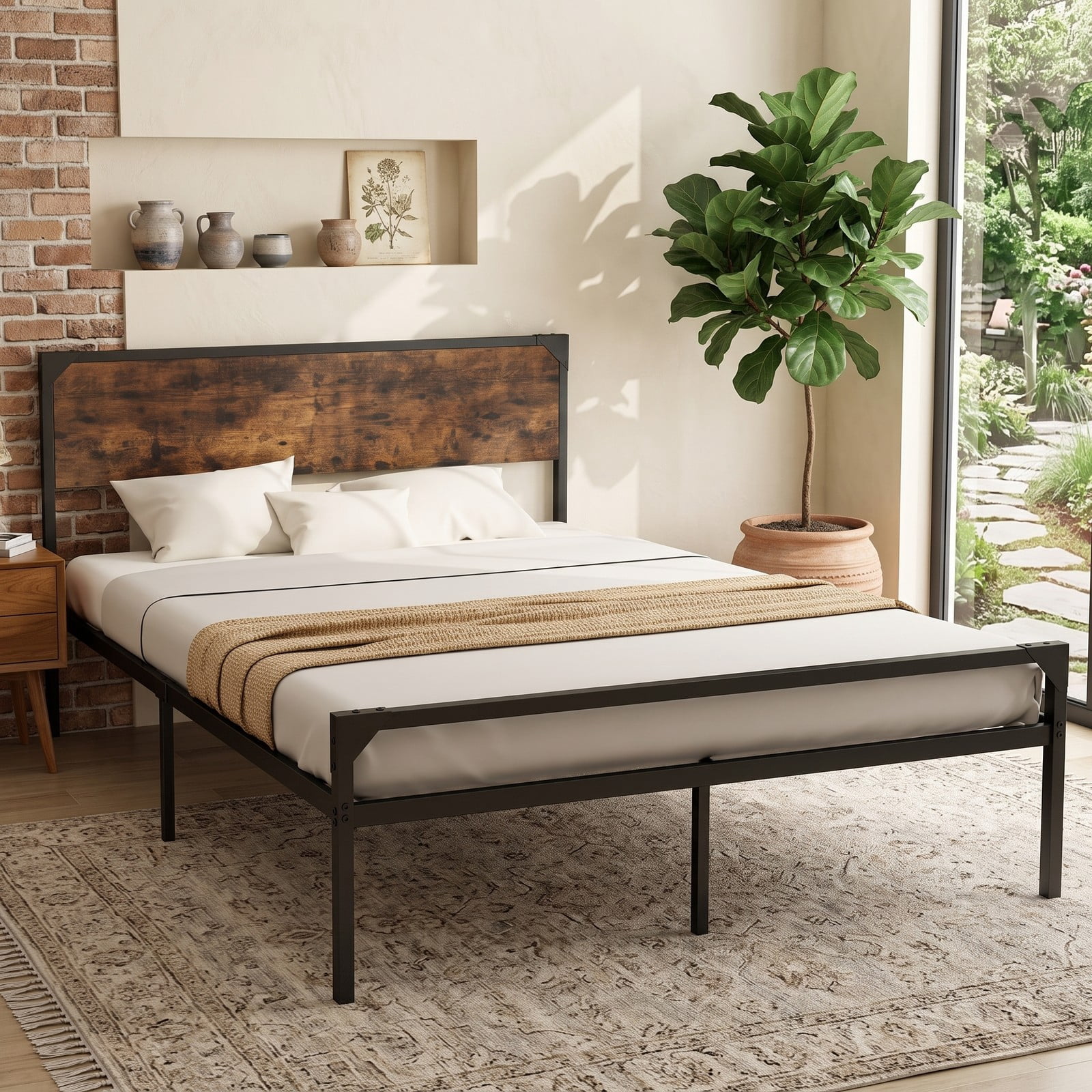 Furnibear Queen Platform Bed Frame with Rustic Wood Headboard and Footboard and Under-Bed Storage for Bedroom, Rustic Brown and Black