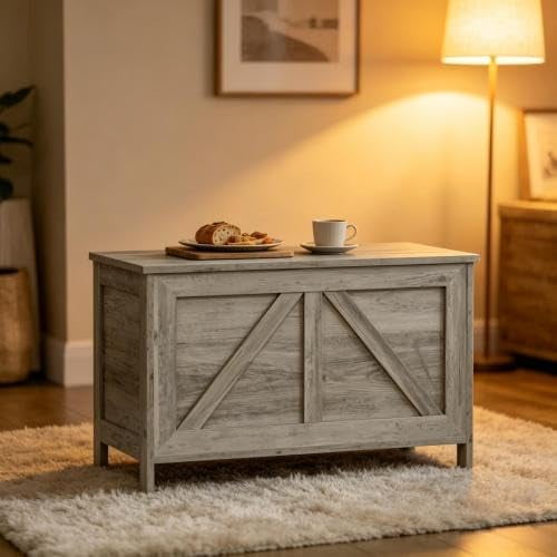 LJAN Storage Chest with Safety Hinge Rustic Farmhouse Organizer Trunk with Flip-Top Wooden Entryway Shoe Bench for Living Room, Bedroom