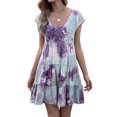 thumbnail image 2 of Uhndy Women's Tie Dye Print V Neck Short Sleeve Ruffle Hem Pleated Mini Dress, Ruffle Pleated Skirt, Women Short Sleeve Mini Dress, Tie Dye Dress S-1-2XL, 2 of 6