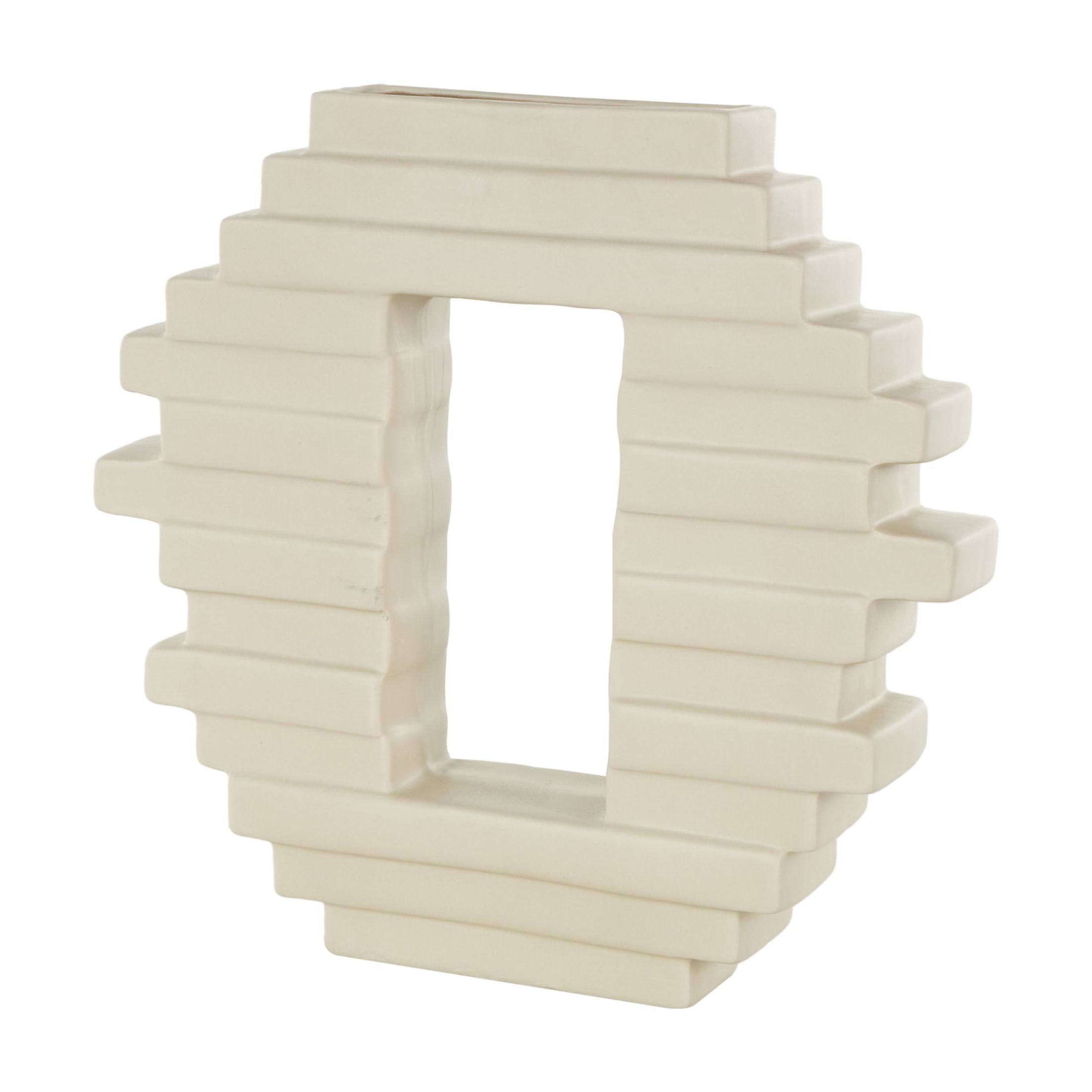 DecMode 12" Abstract Cream Ceramic Vase with Rectangular Center Cutout