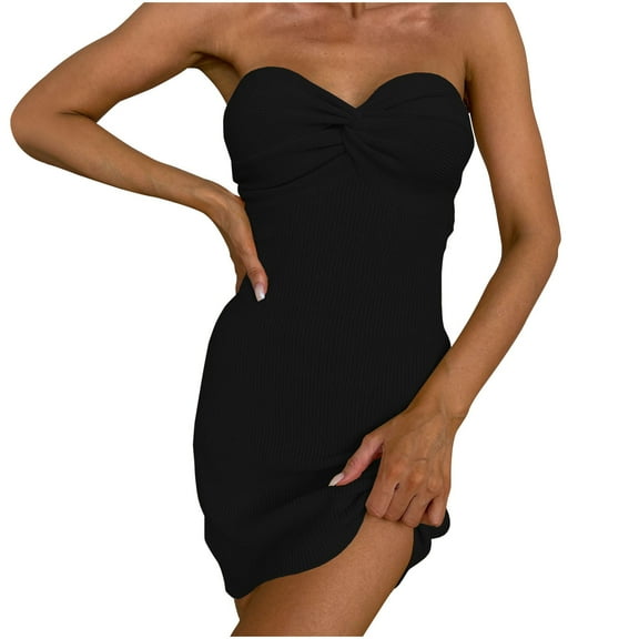 Dianli Summer Dresses for Women Sleeveless Off Shoulder Mini Solid Summer Dresses Tube Top Knit Sexy Bodycon Evening Party Dress Black xl