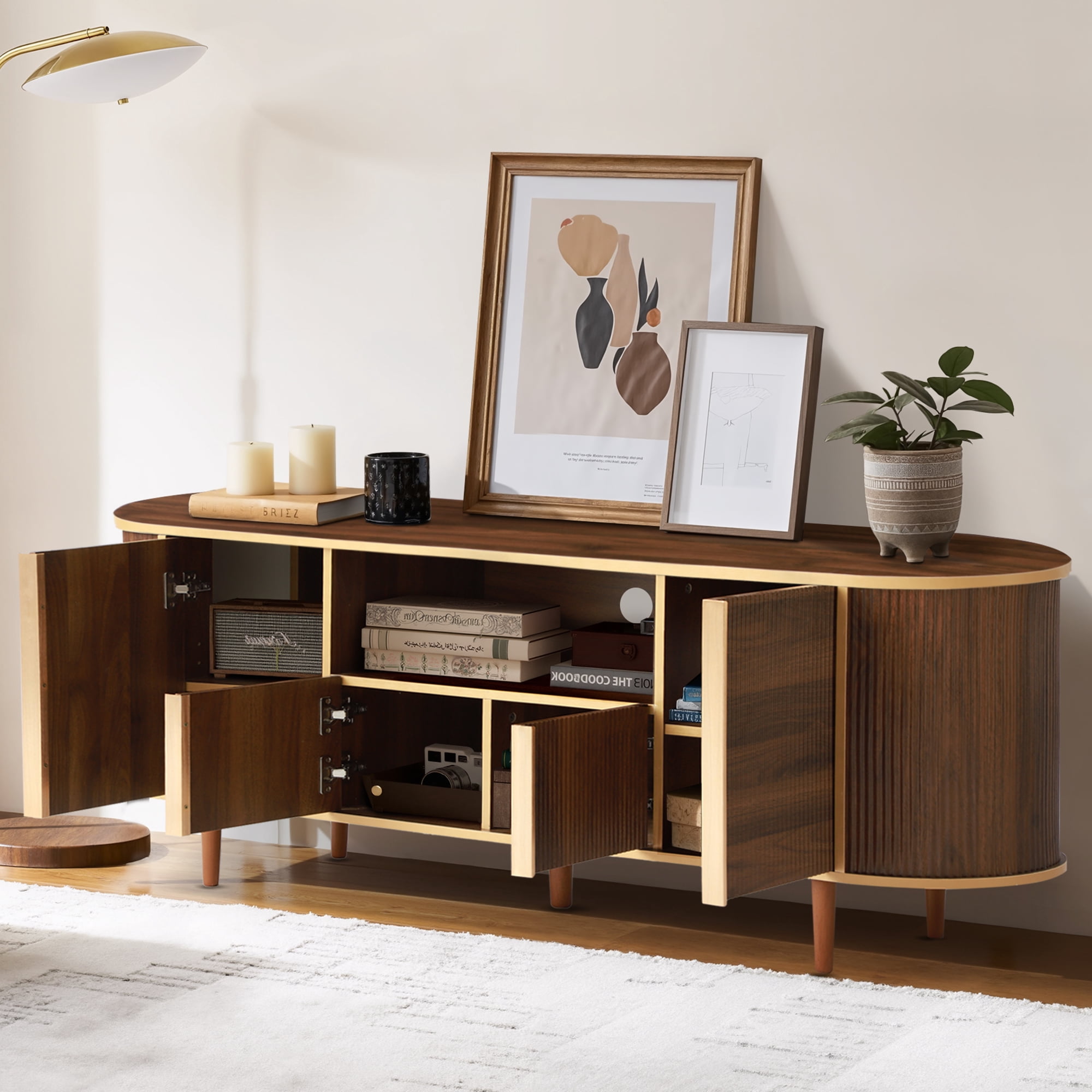 Magic Union 63" TV Stands, Fluted Modern Mid Century Entertainment Center Console for 55/60/65/70/75 inches TVs, Curved TV Stand with Open Storage & Side Cabinets, Living Room, Bedroom furniture