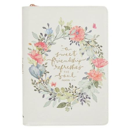 Christian Art Gifts Inspirational Zippered Journal, A Sweet Friendship Wide Ruled Notebook, Prov. 27:9 Bible Verse, White Vegan Leather Floral, 336 Lined Pages w/scripture, (9” x 6.4” x .9”)
