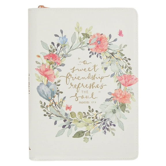 Christian Art Gifts Inspirational Zippered Journal, A Sweet Friendship Wide Ruled Notebook, Prov. 27:9 Bible Verse, White Vegan Leather Floral, 336 Lined Pages w/scripture, (9” x 6.4” x .9”)